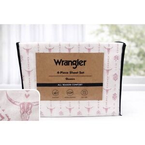 Wrangler 4 Pc Sheet‎ Set Queen Steer Head Stripe Pink White Western Farmhouse